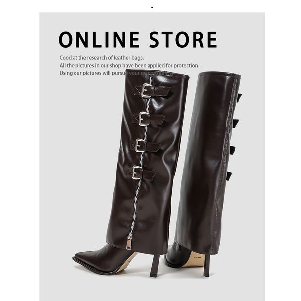 Women's Fashion Side Zip Chunky Heel Boots With Belt Buckle Detail Slim Fit Low Calf Boots For Fall Winter Spring_vogvips.com