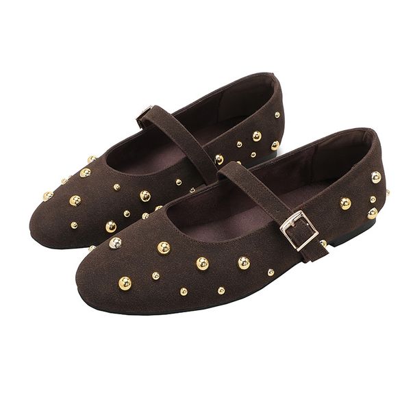 Rivet Decorated Round Toe Ballet Flats Fashionable And Versatile Single Shoes One Strap Ballet Mary Jane Shoes_vogvips.com