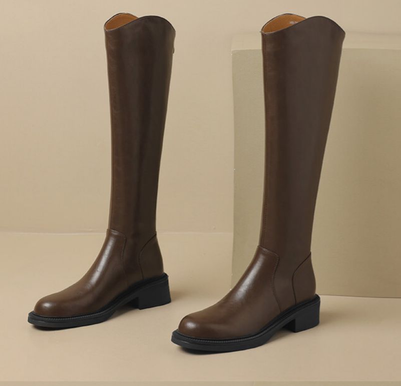 Women's Elegant French Retro Knight Boots – Genuine Leather High Calf Boots With Square Toe & Low Block Heel, Fashionable Winter Boots For Women_vogvips.com