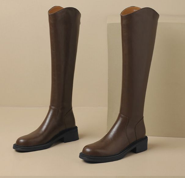 Women's Elegant French Retro Knight Boots – Genuine Leather High Calf Boots With Square Toe & Low Block Heel, Fashionable Winter Boots For Women_vogvips.com