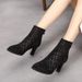 Summer New Hollow Single Pointed Toe Rhinestone Thick Heel Women's Sandals Mesh Short Boots High Heels_vogvips.com