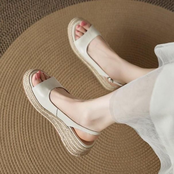 Fashionable Retro Round-toe Straw Open-toe For Women, 2026 Summer New Style, Wedge Heel, Single Strap Roman Fish Mouth_vogvips.com