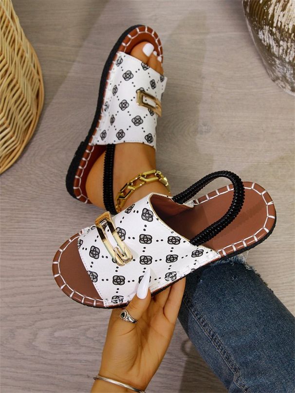 Women's Large Size Flat Sandals Elastic Band Fabric Cross-Over Design With Metal Decorations For Beach Casual Wear_vogvips.com