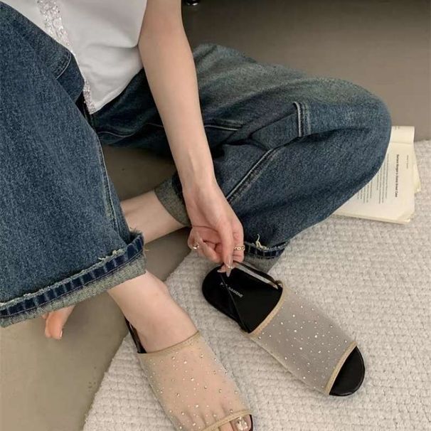 Plus-size Flat-soled Rhinestone Mesh For Women, New Summer Breathable Fashion Versatile European And American Fish-mouth_vogvips.com