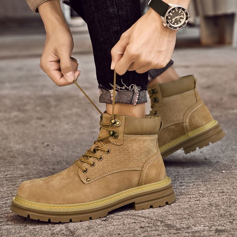 Unisex Genuine Pigskin Work Boots - Chunky Sole Mid-Calf Martin Boots For Men & Women (Yellow, Sizes 35-44)_vogvips.com