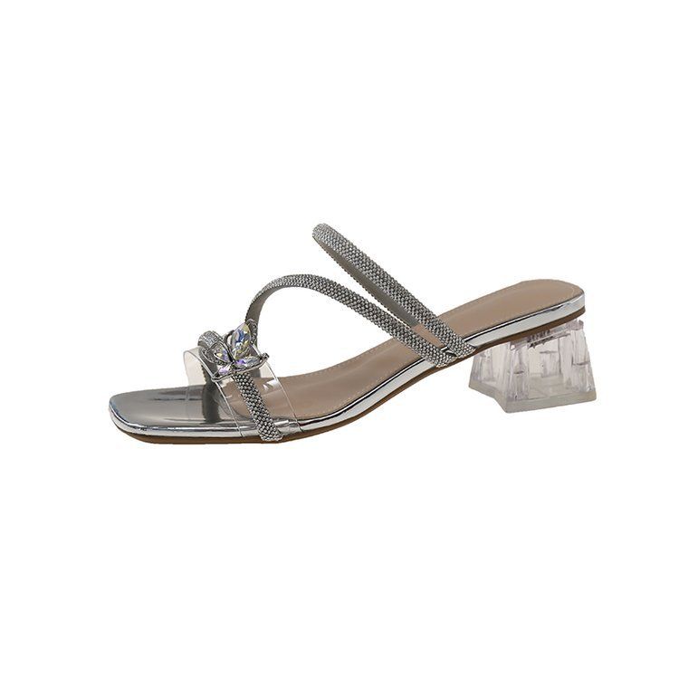 Women's Thick-heeled Slippers For Women For Summer Outdoor Wear New Style Fairy-style Bowknot Rhinestone Temperament High-heeled Crystal Sandals_vogvips.com