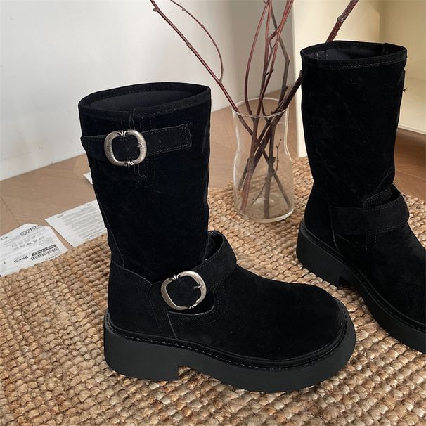 Brown American Style Thick Sole Chunky Heel Martin For Women 2024 New Autumn Winter Height Increasing Slimming Short_vogvips.com