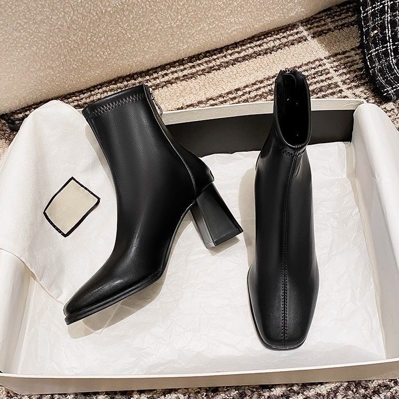 Women's Shoes Slim Fit Ankle Boots, Chunky Heel, Square Toe, Fashionable Fleece Lined French Martin Boots, Autumn/Winter New Style_vogvips.com