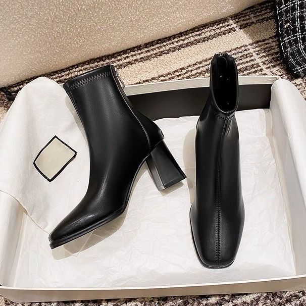 Women's Shoes Slim Fit Ankle Boots, Chunky Heel, Square Toe, Fashionable Fleece Lined French Martin Boots, Autumn/Winter New Style_vogvips.com