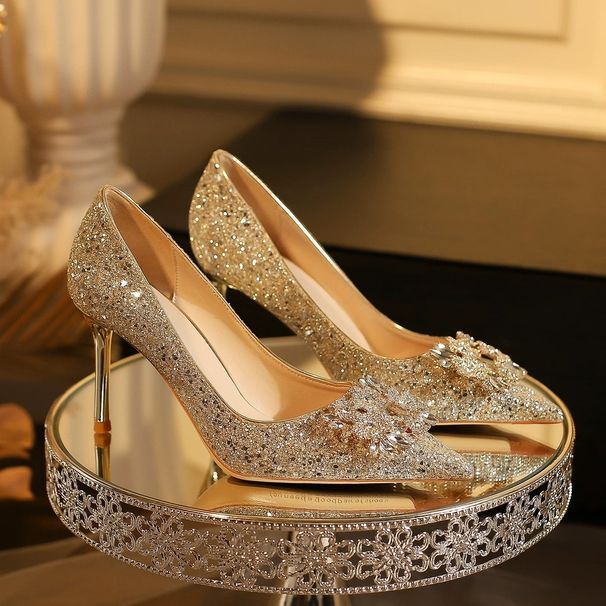 Wedding Dual-use Xiuhe Bridal Crystal Shoes, Champagne-colored High Heels Women, Comfortable For The Feet, With_vogvips.com
