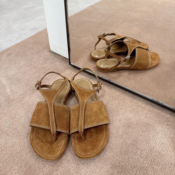 2024 new summer suede clip-toe flat Roman sandals for women genuine leather retro versatile back strap sandals_vogvips.com