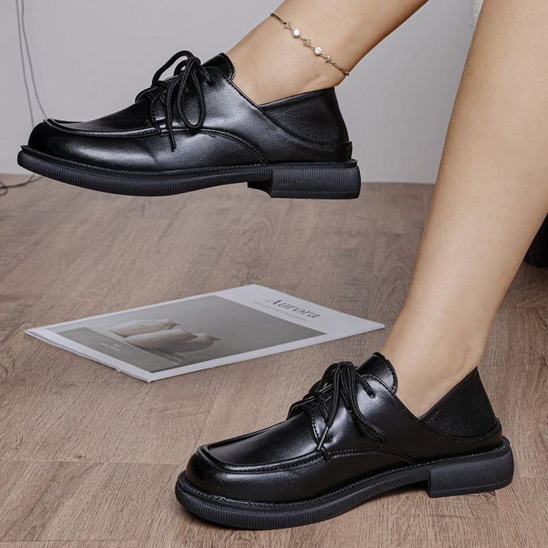 Thick Soled Lace Up Loafers For Women's Singles, New Lace Up Academy Versatile Black Loafers_vogvips.com