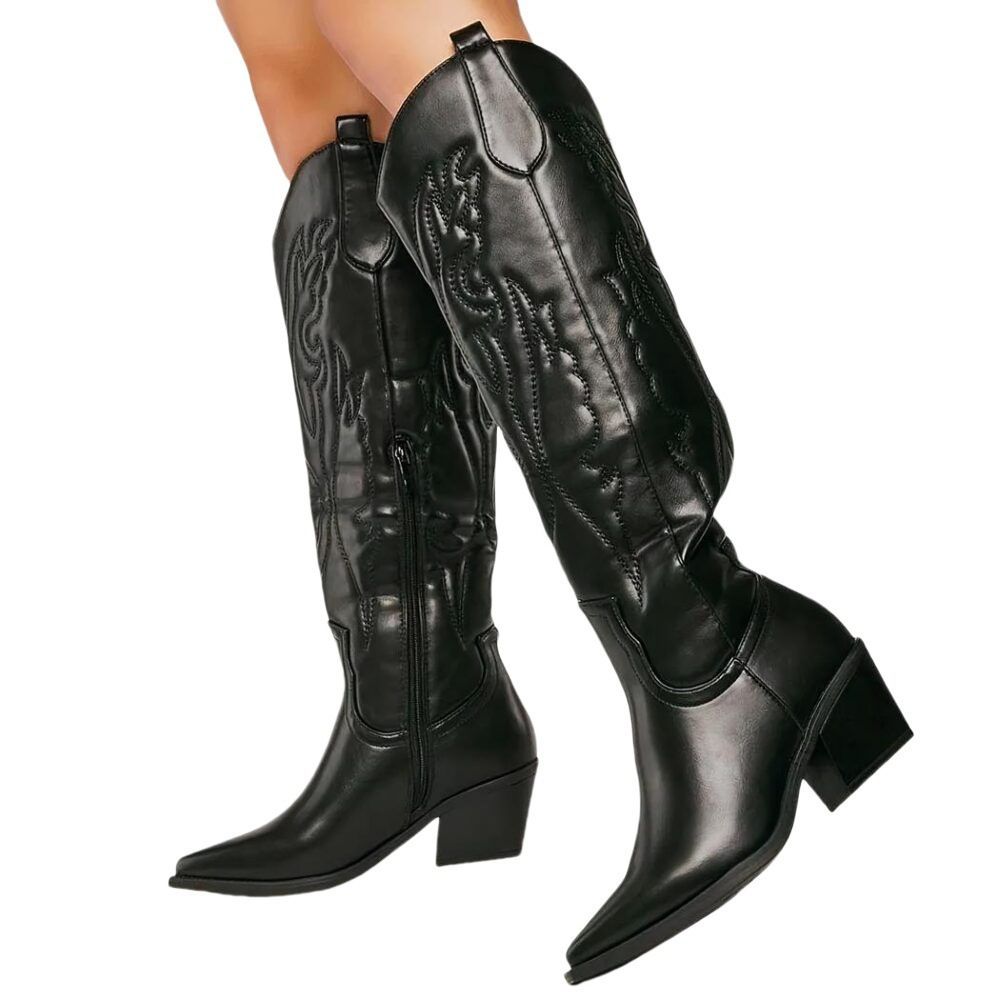 Women's High Heel Pointed Toe Western Cowboy Boots - Stylish Embroidered Tall Boots For Fall & Winter Embroidered Pointed Toe Western Cowboy Boots_vogvips.com