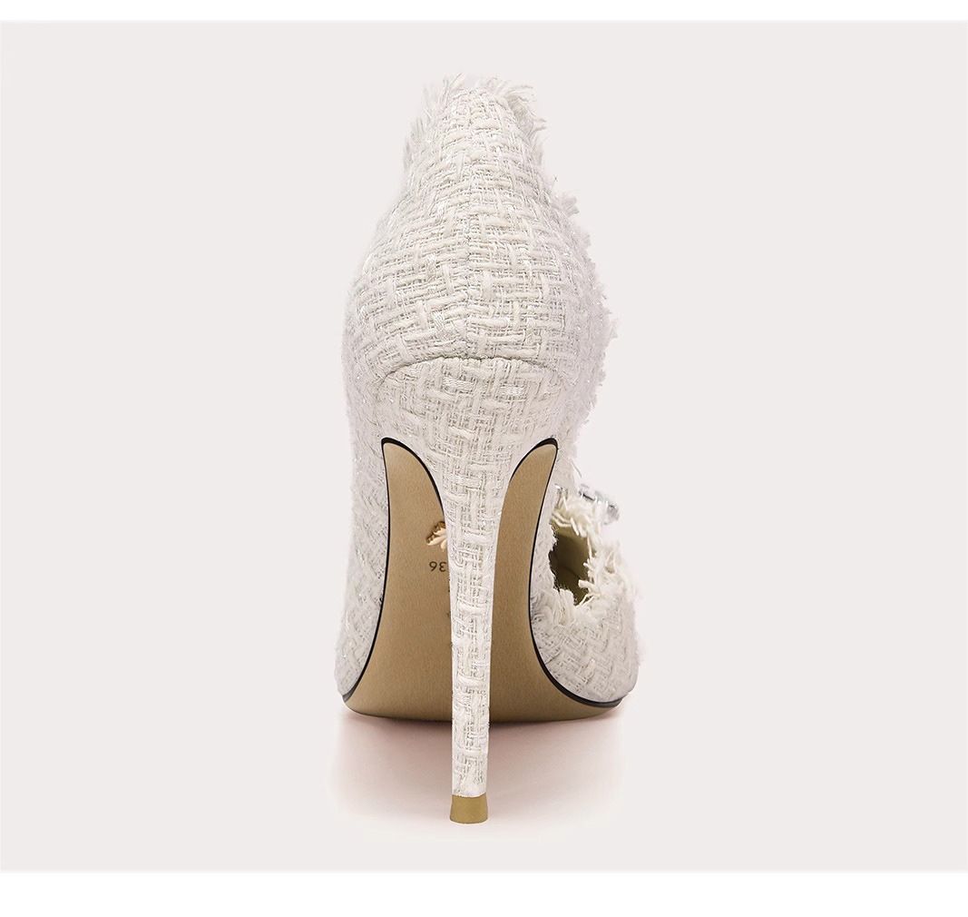 Fattened And Widened High Heels Women's Thin Heels Rhinestone Small Fragrant Wind Side Empty Single Shoes Large Size Women's Shoes 41 To 44_vogvips.com