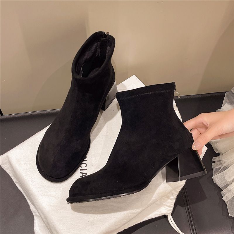 Slim Boot Lady Autumn/Winter New Square-toed Thick Mid-heel Boots With Back Zipper_vogvips.com