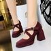 9613-8 Style Women's Shoes With High Thick Heels, Waterproof Platform, Shallow Mouth, Square Head, Belt Buckle, Suede_vogvips.com