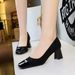 5297 style women's shoes suede shallow mouth splicing color blocked square toe thick mid heel fashionable leopard print_vogvips.com