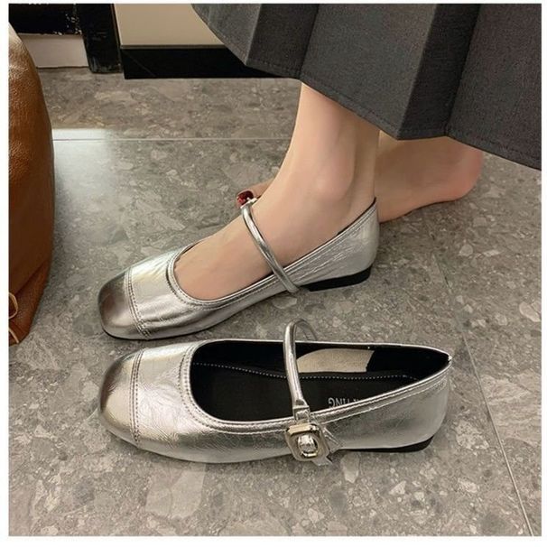 With Skirt Silver Round Head Mary Jane Shoes Women's Evening Flat Bottom Single Shoes_vogvips.com