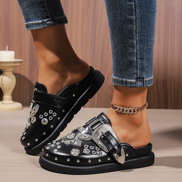 Women's Studded Decorative Mule Shoes, Slip In Slippers With Adjustable Buckles, Thick Cushioned Sole Western Casual Shoes, Suitable For Daily Wear_vogvips.com