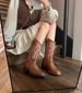 Instant Dispatch Su Yinyin He Sui Same Style Embroidered V-Cut Western Denim Mid-Calf Riding Boots For Women With Chunky_vogvips.com