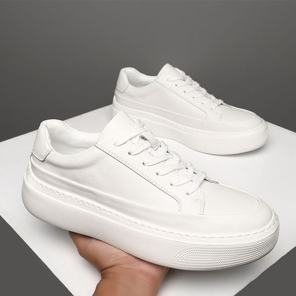 Trendy Men's 2025 Spring New Genuine Leather White Sneakers Breathable Versatile Slip-On Casual Shoes_vogvips.com