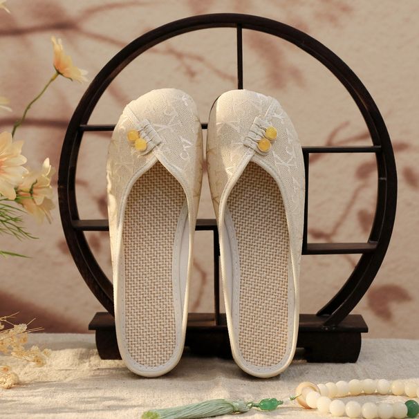 Summer Embroidered Slippers For Women, Comfortable Breathable Soft Sole Flat Ancient Style Hanfu Shoes, Ethnic Style Retro Old Beijing Cloth Shoes_vogvips.com