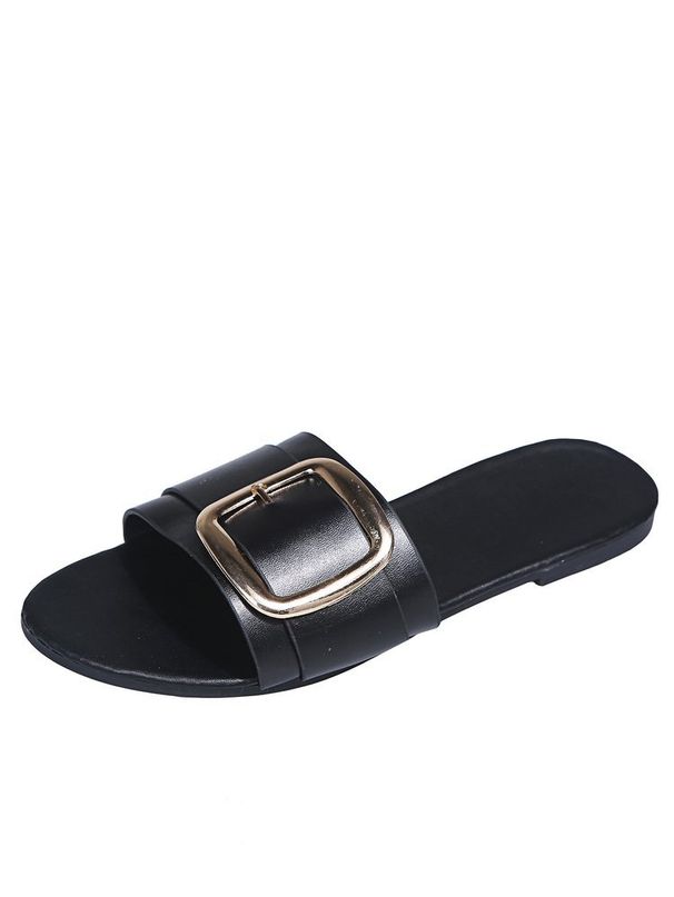Plus Flat Square Buckle One-Strap Sandals For Women Outdoor Fabric Large Size Beach Slippers_vogvips.com