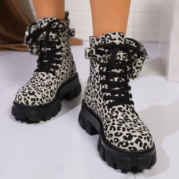 Women's Chunky Heel Ankle Boots With Leopard Print - Round Toe Lace-Up Fashion Boots_vogvips.com
