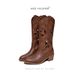 Pointed Toe Hollow Out Short For Women Ethnic Style New Thick Sole Mid-Calf Motorcycle Chunky Heel Versatile Western_vogvips.com