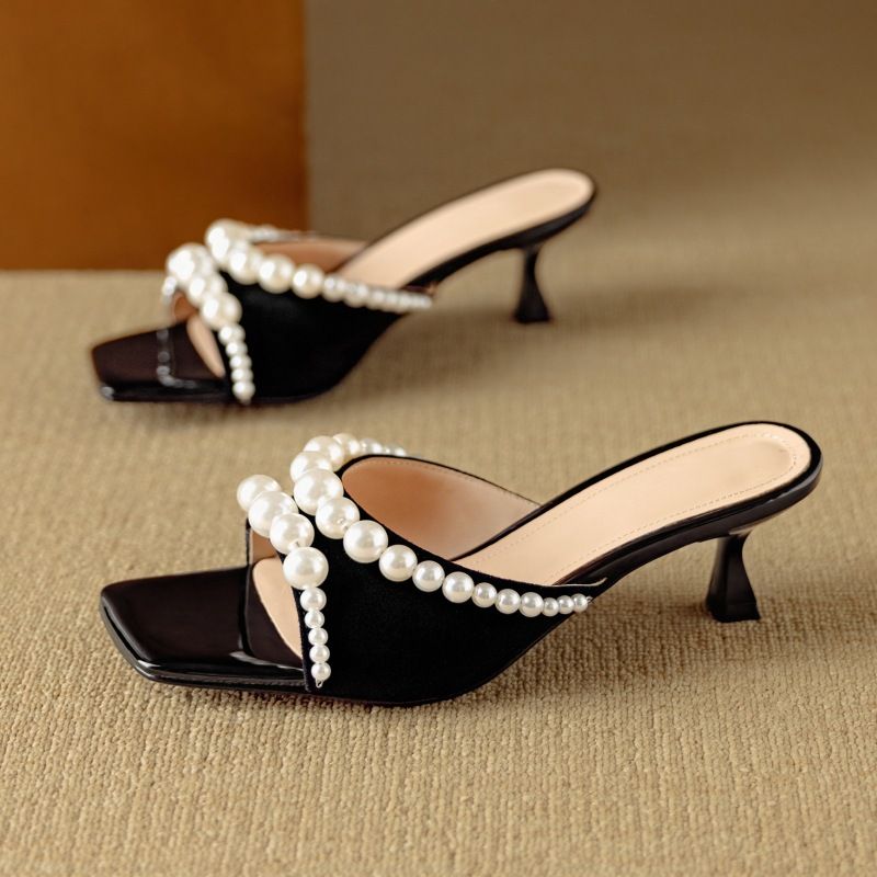 Women's Shoes Summer Sheepskin Fairy Style Square Head Open Toe Outdoor Slippers One Line Temperament Stiletto Sandals 40 Large Size_vogvips.com