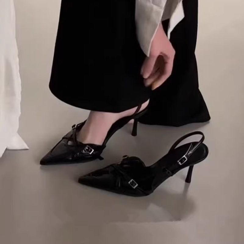 Black Pointed-toe High-heeled Shoes For Women, Summer 2026 New Model, Unique Design With Belt Buckle, Thin Heel, Back_vogvips.com