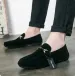 Mens Black Suede Loafers With Metal Buckle Slip On Casual Shoes_vogvips.com