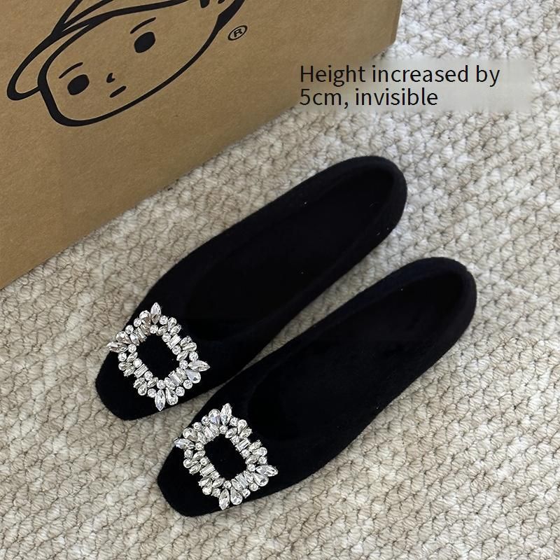 Women's Winter Faux Fur Lined Mary Jane Shoes With 5CM Hidden Wedge & Square Buckle - Slip-On Comfort Flats For Everyday Wear (Black/Grey)_vogvips.com