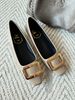 Gold Metal Square Buckle Patent Leather Square Toe Slip On Low Block Heel Pumps Casual Office Dating Commute Daily Wear Dress Shoes_vogvips.com