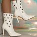 Women's Fashion White PU Leather Pointed Toe Stiletto Heel Boots With Cut-Out Design, Mid-Calf Height, Side Zipper, Comfortable For Daily Wear_vogvips.com