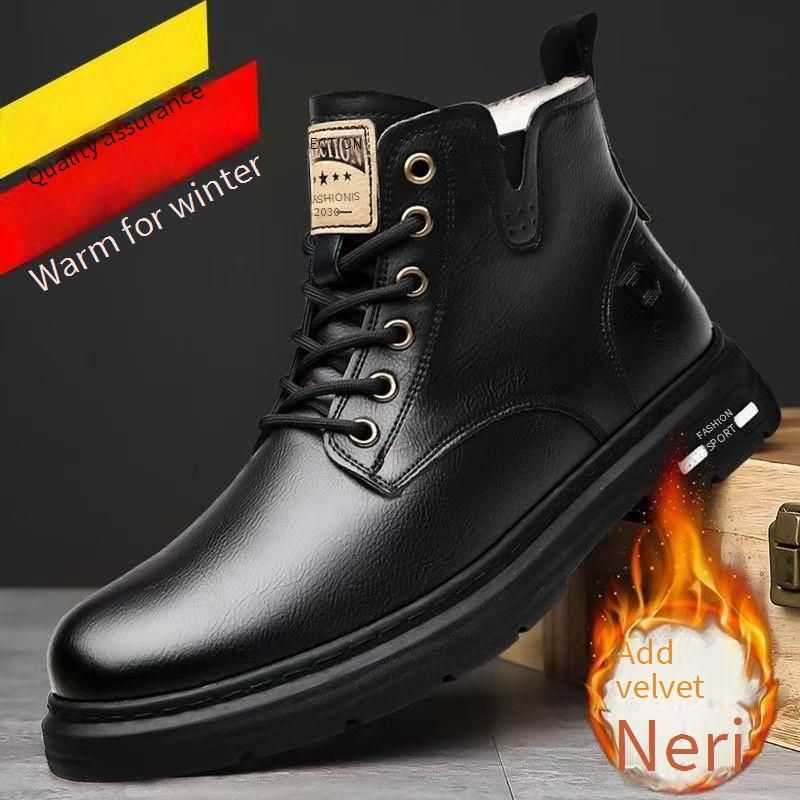 Men's Casual Work Boots - Breathable PU Leather Mid-Calf Martin Boots With Round Toe & Stitching Details (Black/Brown, Regular & Fleece-Lined)_vogvips.com