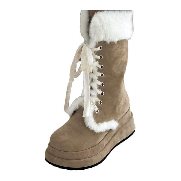 Furry Snow For Women 2025 Winter New Retro Thick-Soled Fleece-Lined Riding Warm Mid-Calf Martin Lace-Up Boots_vogvips.com