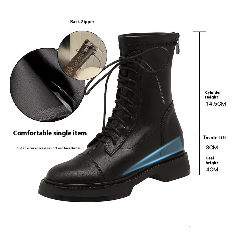 Women's Chunky Heel Round Toe Ankle Boots - Genuine Leather Lace-Up Combat Boots With Cushioned Insole, Slip-Resistant Sole For Winter Fall Spring_vogvips.com