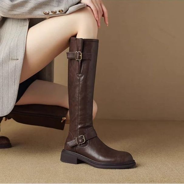Women's Retro Chunky Heel Knee High Boots Soft PU Leather Riding Boots With Side Zipper For Fall Winter Spring Slimming High Boots Riding Boots_vogvips.com