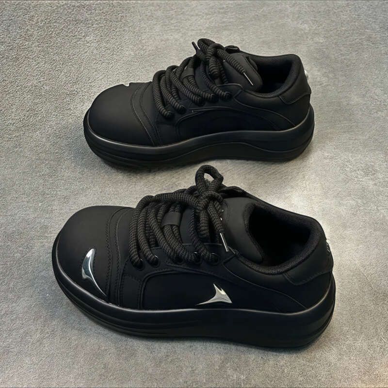 Smiling Face Black Casual Height Increasing Versatile Trendy Fashionable Breathable Thick Soled Sneakers Unisex_vogvips.com