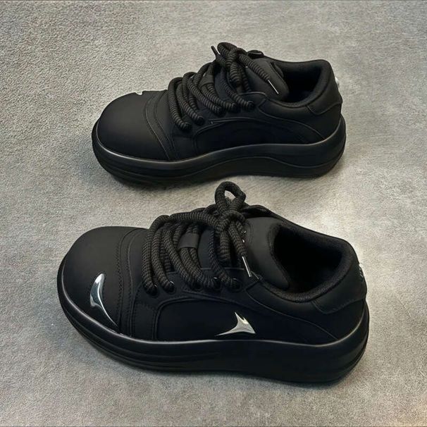 Smiling Face Black Casual Height Increasing Versatile Trendy Fashionable Breathable Thick Soled Sneakers Unisex_vogvips.com