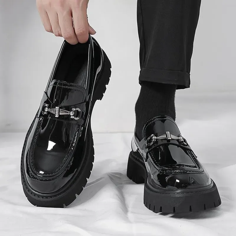 New Style Thick Sole Height Increasing Men Broad Round Toe Casual Patent Leather Shiny Surface Chunky Heel Trendy Shoes_vogvips.com