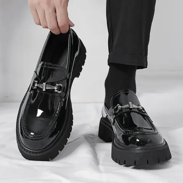 New Style Thick Sole Height Increasing Men Broad Round Toe Casual Patent Leather Shiny Surface Chunky Heel Trendy Shoes_vogvips.com