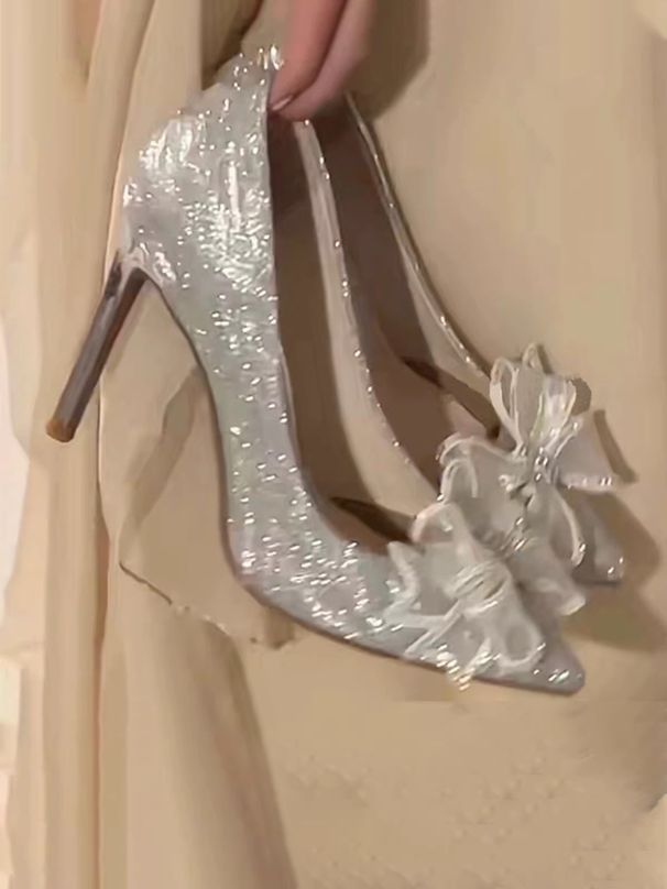 French High Heels Women's 2025 New Spring Autumn Season Pointed Bow Rhinestone Princess Comfortable And Durable Wedding_vogvips.com