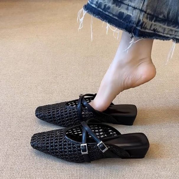 Women's Black Flat Sandals Sheepskin Cross Strap Hand Woven Hollowed Out Simple Versatile Closed Toe Shoes For Summer_vogvips.com