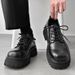 Men's Chunky Sole Derby Shoes - Classic British Style Platform Shoes Square Toe Leather Casual Shoes With Cushioned Insole - Black Leather Shoes_vogvips.com