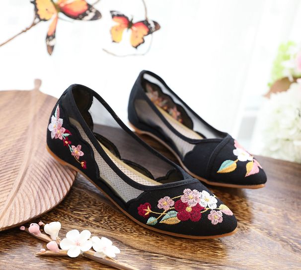 Mesh Embroidered Mesh Yarn, Flower Embroidery, Summer New Products, Soft Soled Fabric Single Shoes, Sandals For Women_vogvips.com