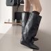 Retro Women's Tall Boots Square Toe Slip-On Riding Boots With Hidden Height Increase Pleated Long Western Style For Autumn Winter_vogvips.com