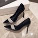 New Black Rhinestone Pointed Toe Low-heeled High Heels For Women, 9cm In Height. Elegant Shallow Toe Single Shoes, Versatile For Professional Wear._vogvips.com
