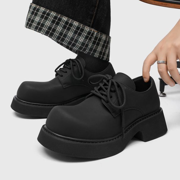 Derby Shoes For Men, Paris Mickey Big Head, Traditional British Casual Leather Shoes, Thick Sole, Heightening, Black Matte Finish, Spring Season_vogvips.com
